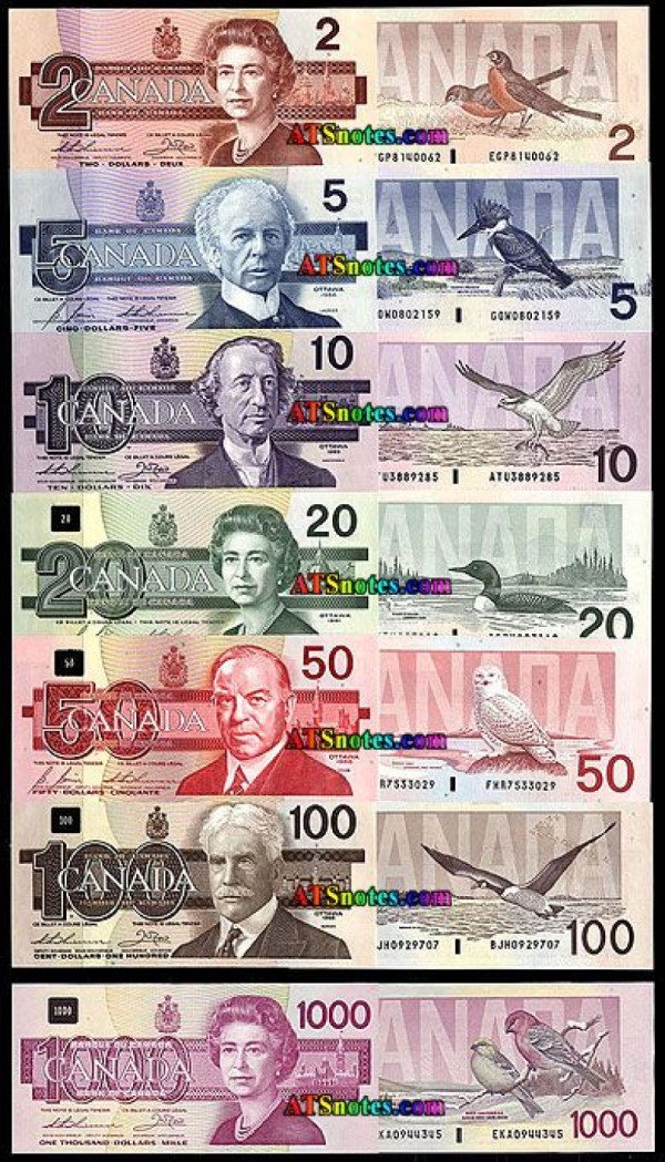 mệnh giá tiền Canada với các màu sắc và biểu tượng khác nhau