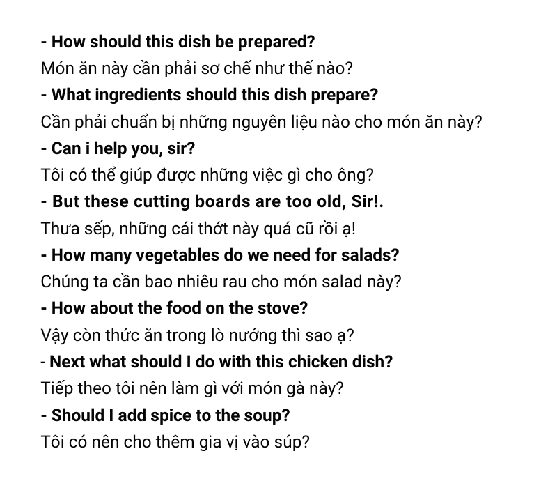 Một số mẫu câu thông dụng tiếng Anh ngành bếp